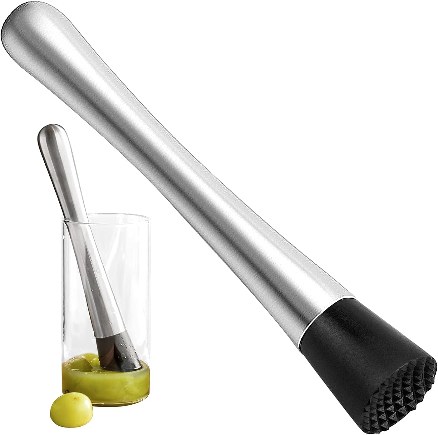 Honiwu Cocktail Muddler, 7.87inch Mojito Masher, Stainless Steel Drink Ice Crusher with Grooved Nylon Head Bar Stick Fruit Mixer Ideal Bartender Tool Barware
