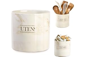 LYEOBOH Utensil Holder for Kitchen Counter, 6.7" Large Kitchen Utensil Holder, Heavy Cooking Utensil Crock Stable Ceramic Utensil Organizer for Kitchen Tools, Brown Marble Kitchen Decor