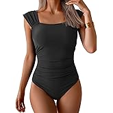B2prity Womens One Piece Swimsuit Retro Square Neck Tummy Control Bathing Suits Ruched Modest Full Coverage Swimwear
