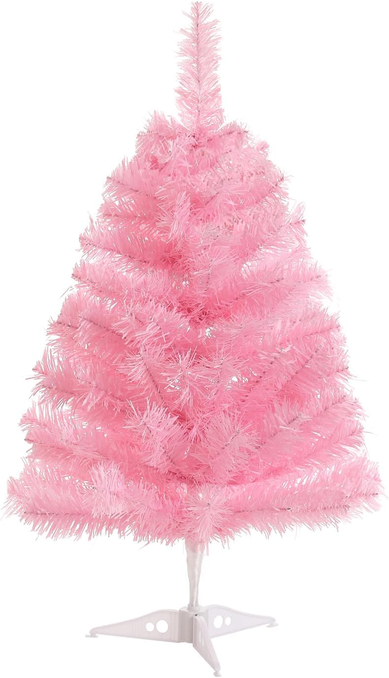 Trees - Gloreyan 2FT Artificial Christmas Tree Pink Tabletop Christmas Tree with Plastic Stand Mini Xmas Pine Tree for Party Supplies Indoor Outdoor Holiday Home Decoration