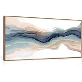 HLNIUC Navy Blue Abstract Framed Canvas Wall Art, Watercolor Wave Line Horizontal Wall Decor, Long Teal Orange Coastal Artwor