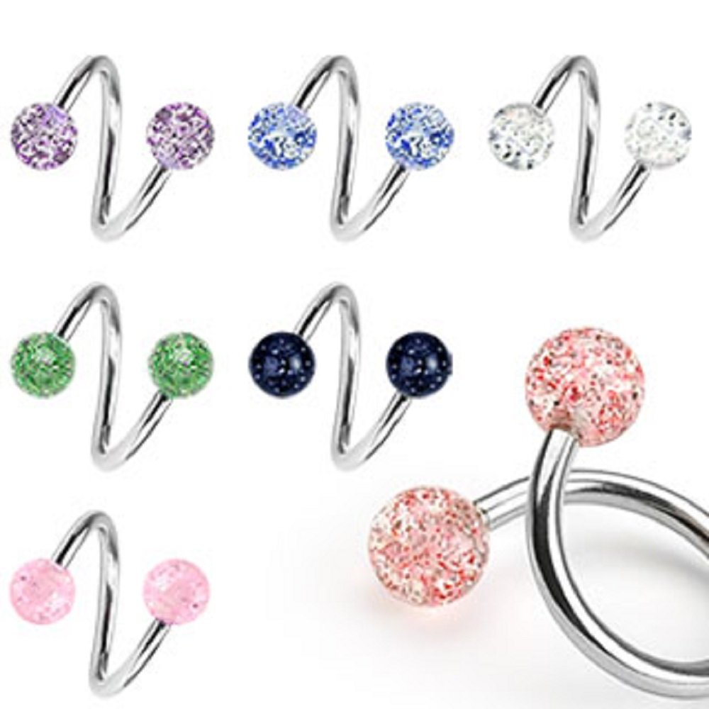 PiercedOff Multipack of 7 Twist Horseshoe Barbells with Glitter Balls - Thickness 16GA (1.2mm) / Length 10mm / Ball Size 4mm