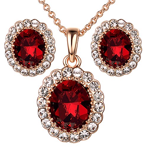 Yoursfs Ruby Jewelry Set for Women Rose GP Oval Crystal Pendant Necklace & Stud Earrings Cocktail Set