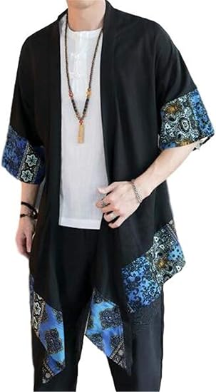 Amazon Co Jp グードコ 麻綿 チャイナ風 民族風 和式パーカー メンズ ロング カーディガン 七分袖 半袖 トップス 日式 プリント 個性的 服 ファッション小物