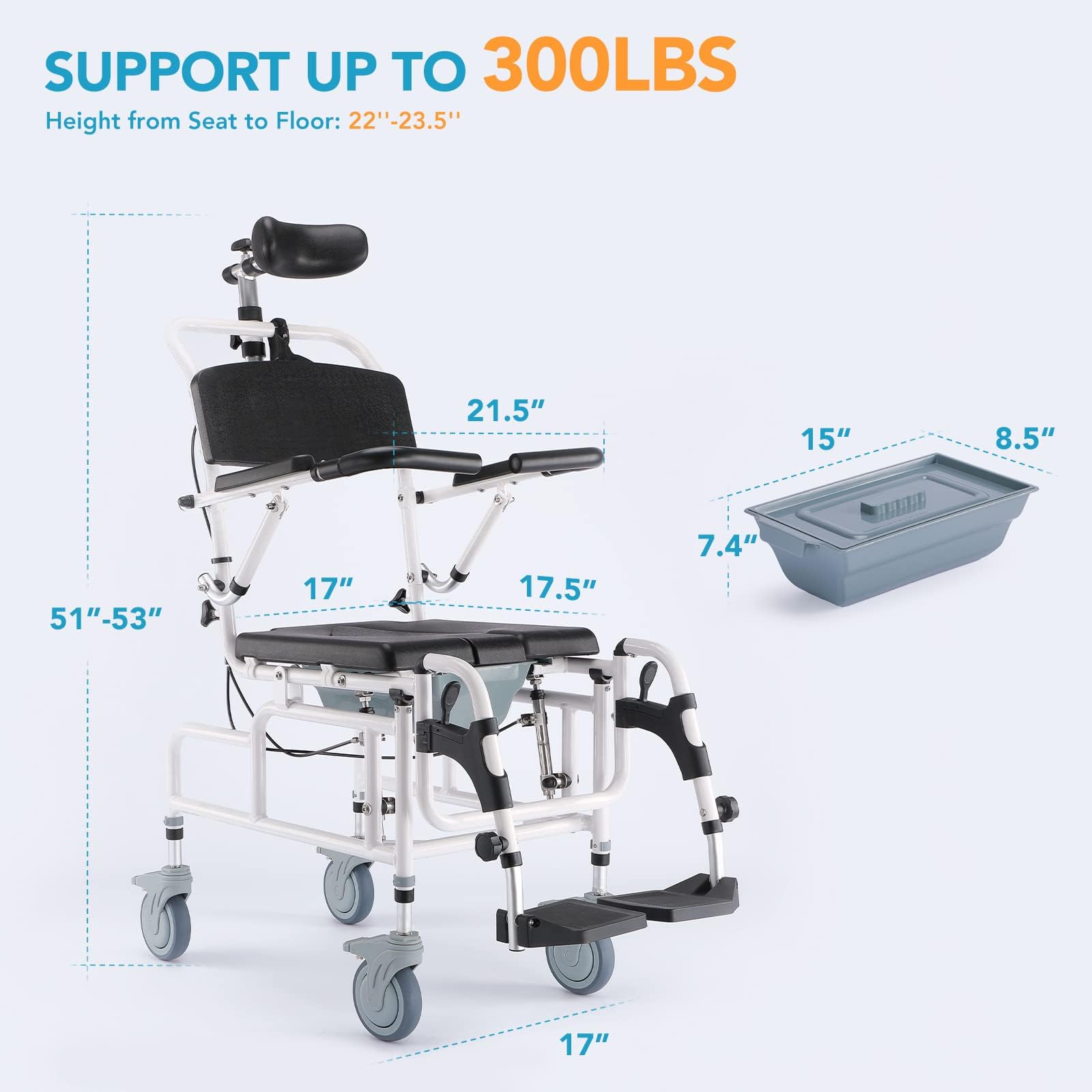OasisSpace Personal Mobility Assist Bedside Commode Toilet Chair, Tilt Shower Commode Wheelchair, 4-in-1 Shampoo Chair 30° Reclining and Headrest, Adjustable Transport Rolling Chair(FSA HSA Eligible)