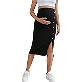 BEAUDRM Women's Maternity Skirt Button Front Knitted Split High Waisted Pregnancy Pencil Skirt Black Large
