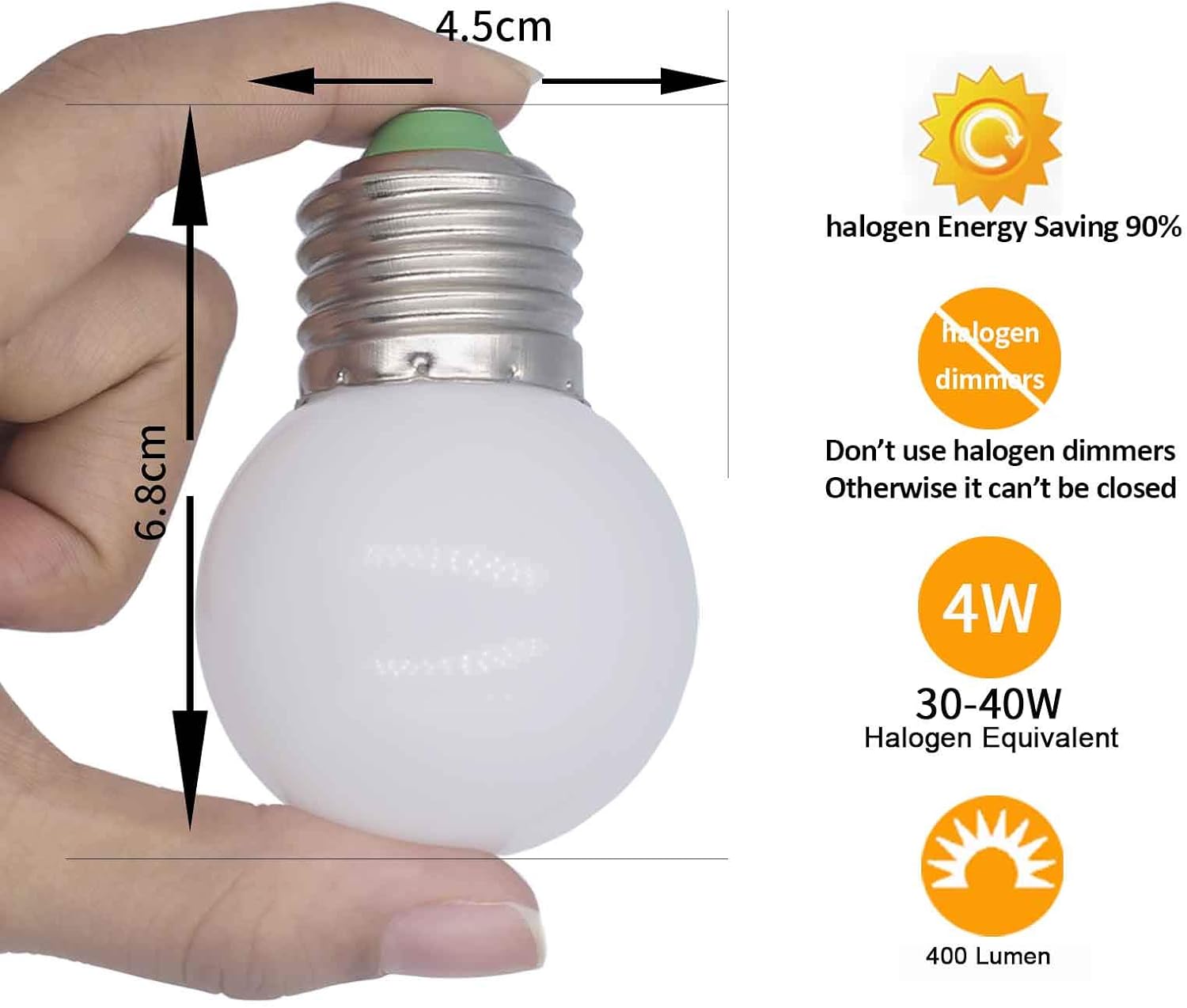 MJIUZHOU 4 Pack E27 Dimmable LED Light Bulbs Equivalent 35W 30W Halogen Warm White 3000k 4W 400Lm 220V 230V Edison Screw Energy Saving G45 Base Golf Ball Lamp - Image 3