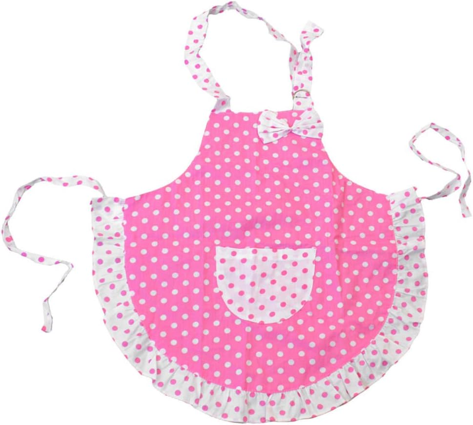 OLS Kids Adjustable Apron White Pink Dots with Pocket for Christmas Cooking Kitchen Party Supply
