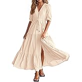 BTFBM Women Summer Dresses Short Sleeves V Neck Button Drawstring Maxi Dresses Solid Color Boho Long Dresses