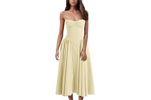 WJDNHKYD Corset Midi Dress Spaghetti Strap Bustier Midi Dress Flowy Pleated Hem Low Cut Prom Dresses with Pockets