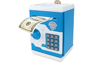Qwifyu Piggy Bank for Boys Girls, 4 5 6 7 8 9 10 Year Old Girl Boy Birthday Gift Ideas, Electronic Password Money Saving Box ATM, Great Gift Safe Bank Toys for Kids (Blue White)