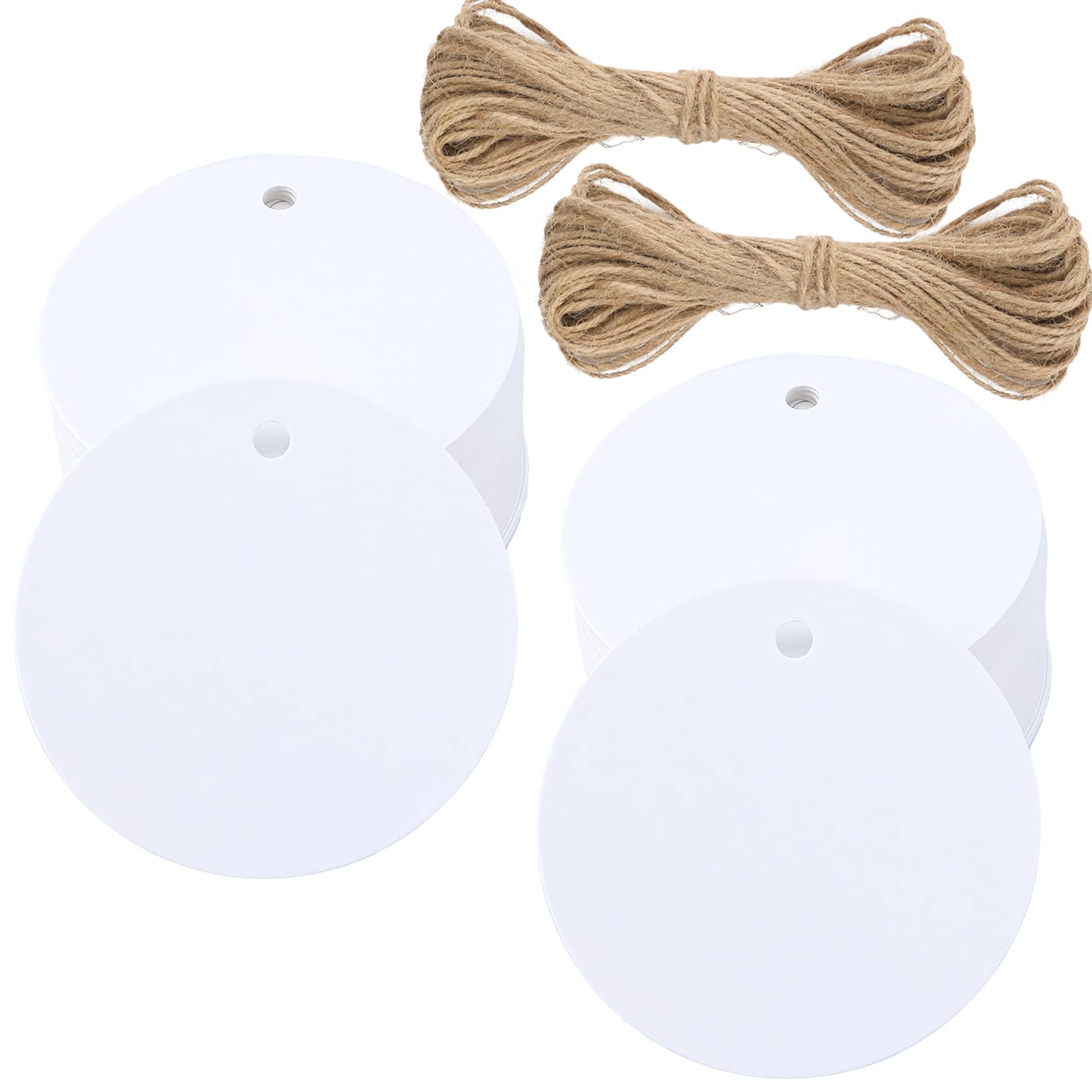 G2PLUS 5.5 CM White Round Gift Tags: 100PCS Kraft Paper Labels, Blank Hang Tags with Jute String for DIY Crafts, Small Business, Wedding, Thank You, Packaging