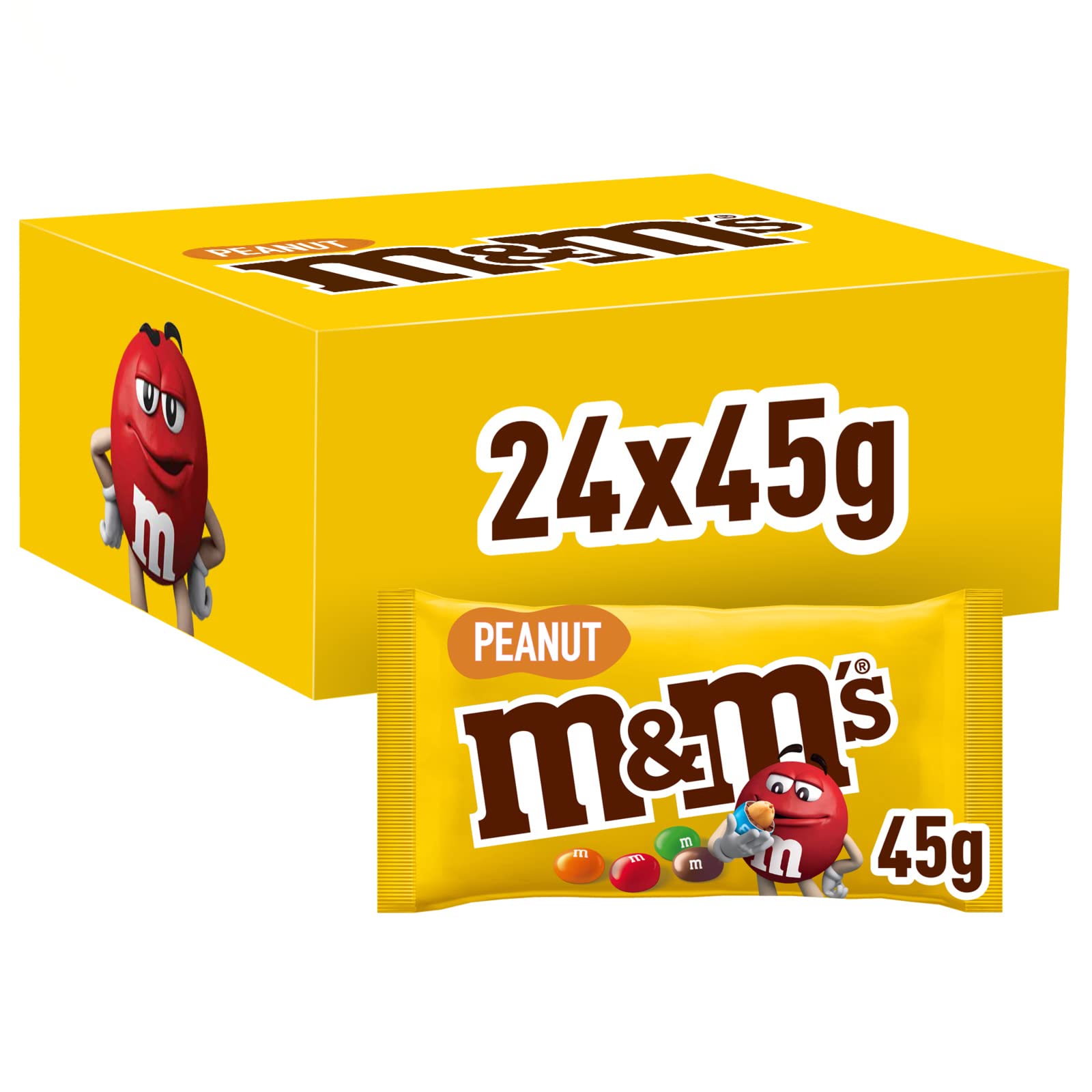 M&M's Peanut, Schokoladen Großpackung als Schokolade, 24 x 45g, Erdnussgeschmack Schokolinsen als Süßigkeiten, Schokoladen Geschenk (1080g)