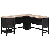 Sauder Cottage Road L Shaped Desk with Drawers, Home Office Desk, File Cabinet Storage, Cable Management, Raven Oak Finish, Standard