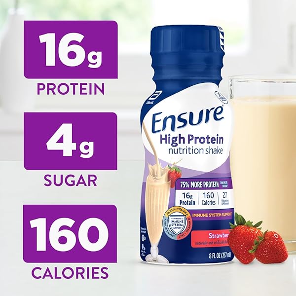 ENSURE HIGH PROTEIN STRAWBERRY NUTRITION SHAKE, READY TO DRINK, 16G PROTEIN AND 27 VITAMINS AND MINERALS, 8 FL OZ, 24 PACK