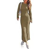 Wenrine Womens Sweater Maxi Dress Long Sleeve Knit Ribbed Crew Neck Slim Fit Casual Fall Long Dresses