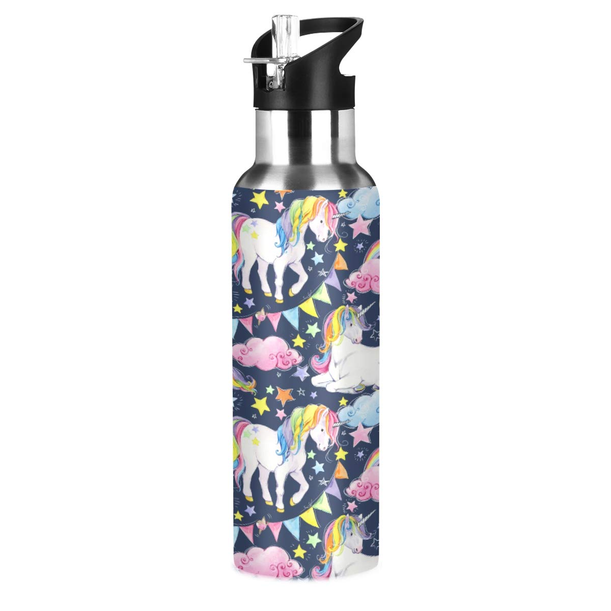 ALAZA Stainless Steel Water Bottle with Straw, Cute Unicorn Insulated Drink Flask Sports Water Bottle for Kids Adults, Leakproof, 600ml