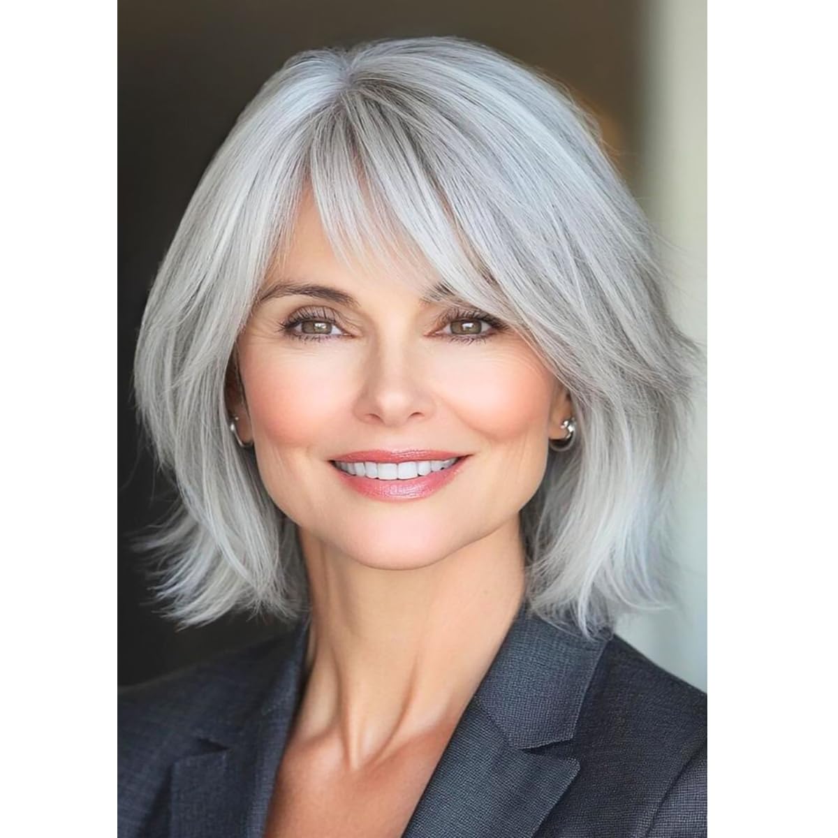 Photo 1 of Baruisi Silver Gray Short Hair Wigs for Women Synthetic Straight Natural Looking Cosplay Wig with Bangs