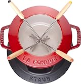 Staub Fondue Set 1.1L Cast Iron Cherry Red 16cm 4 Forks Cheese Chocolate Meat view 2