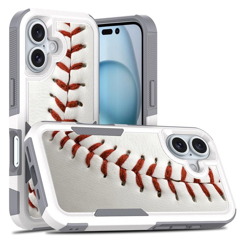 Photo 1 of Candykisscase Case for iPhone 16, Baseball Sports Pattern Shock-Absorption Hard PC and Inner Silicone Hybrid Dual Layer Armor Defender Case for iPhone 16