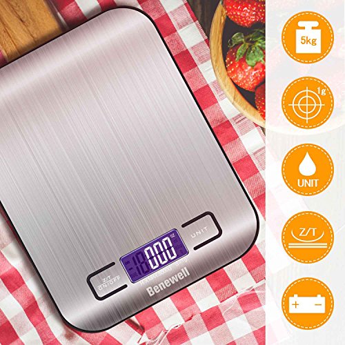 Benewell Digital Food Scale, 1g/0.002lbs to 11lbs Capacity Accurate Weight Measurement Stainless Steel Kitchen Scale for Meat, Gram, Coffee Bean, Fruit, Baking Powder and More (Batteries Included) - Thumbnail 3
