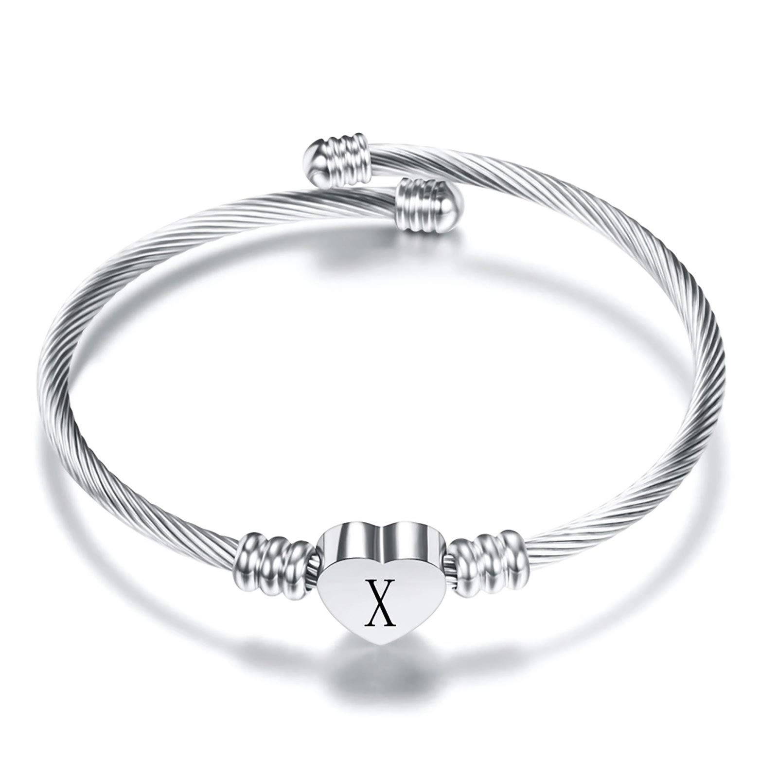 KunBead Jewelry Women Girls Grandma Initial Letter X Cuff Bracelet Silver Alphabet Heart Bangle Bracelets Gift for Birthday