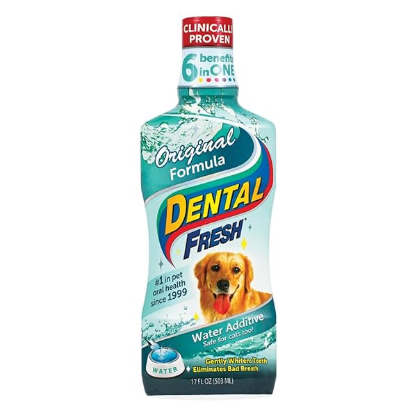 DENTAL FRESH WATER ADDITIVE FOR DOGS, ORIGINAL FORMULA, 17OZ – DOG BREATH FRESHENER AND TEETH CLEANING FOR DENTAL CARE– ADD TO WATER