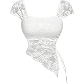 SweatyRocks Women's Y2k Sheer Lace Tops Square Neck Short Sleeve Babydoll Tops Going Out