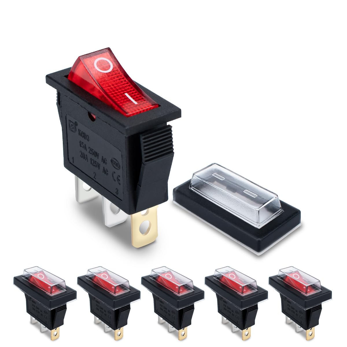 Innfeeltech 6 Pcs Mini Rocker Switch Red KCD3-101 3 Pin 3 Position Toggle Switch with 3 Waterproof Caps