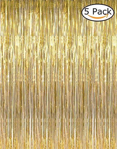 3.2 ft x 9.8 ft Metallic Tinsel Foil Fringe Curtains for Party Photo Backdrop Wedding Decor (5, Gold)