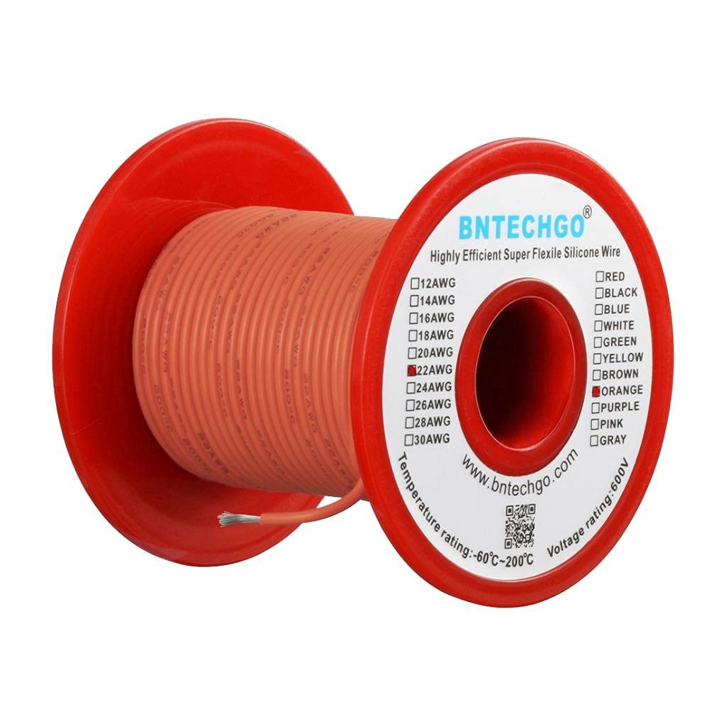 BNTECHGO 22 Gauge Silicone Wire Spool Orange 100 ft Ultra Flexible High Temp 200 deg C 600V 22 AWG Silicone Rubber Wire 60 Strands of Tinned Copper Wire Stranded Wire for Model Low Impedance