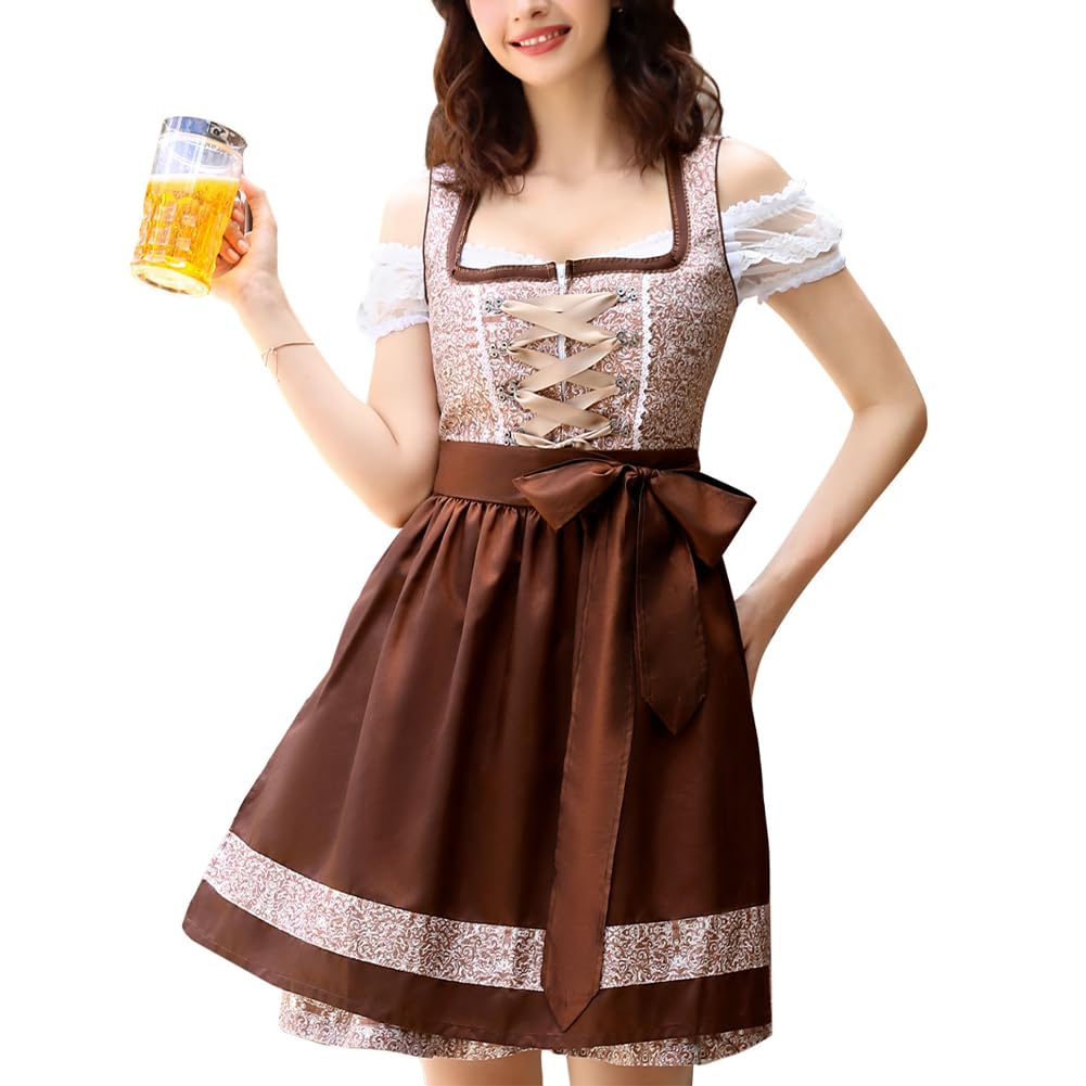 Photo 1 of ***RUNS BIG*** Seoria Womens Oktobertfest Dirndl 3 Piece Authentic Dirndl for Bavarian Carnival Oktoberfest Dress German Trachten Dirndl (Brown, Large)