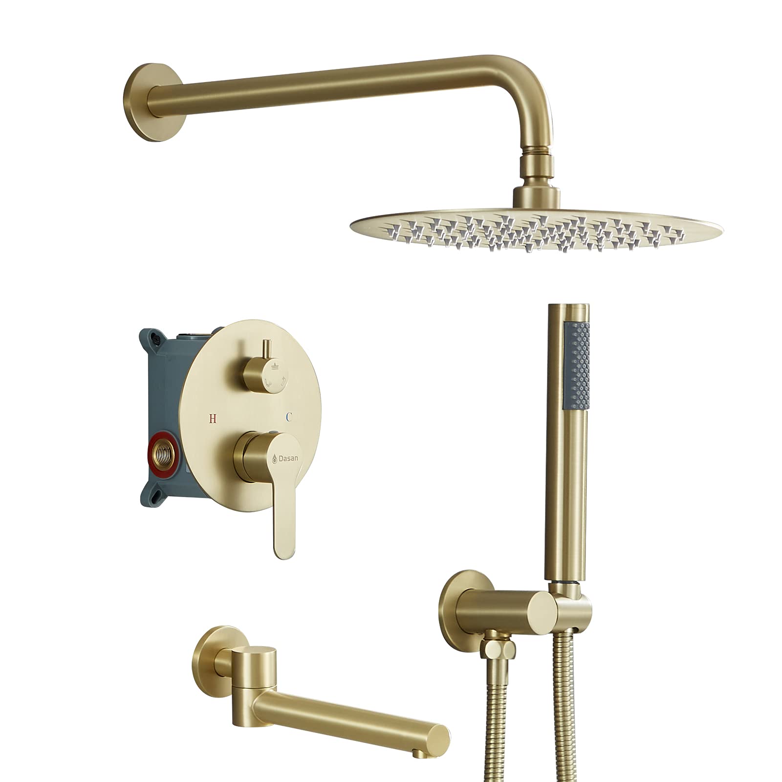 Photo 1 of DASAN Tub Shower Faucets Sets Complete Bathtub Faucet Set Brushed Gold Bathtub Shower System with Tub Spout, Bathroom Tub and Shower Faucet Combo Trim Kit with Rough-in Valve, DA-SS03BG-R10W