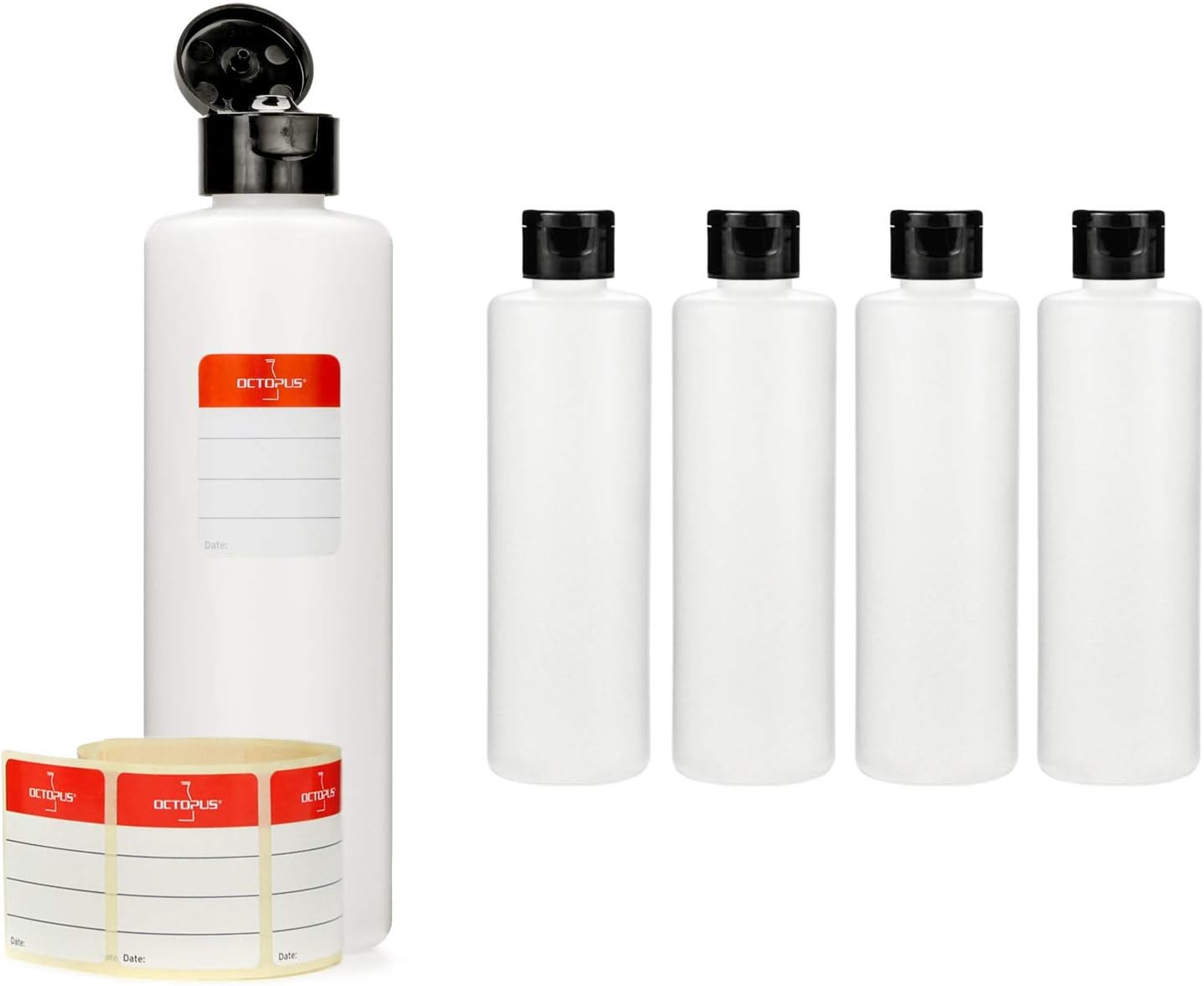 Octopus 5 x 250 ml plastic bottles, HDPE plastic bottles with black flip-top cap, empty bottles with black hinged cap