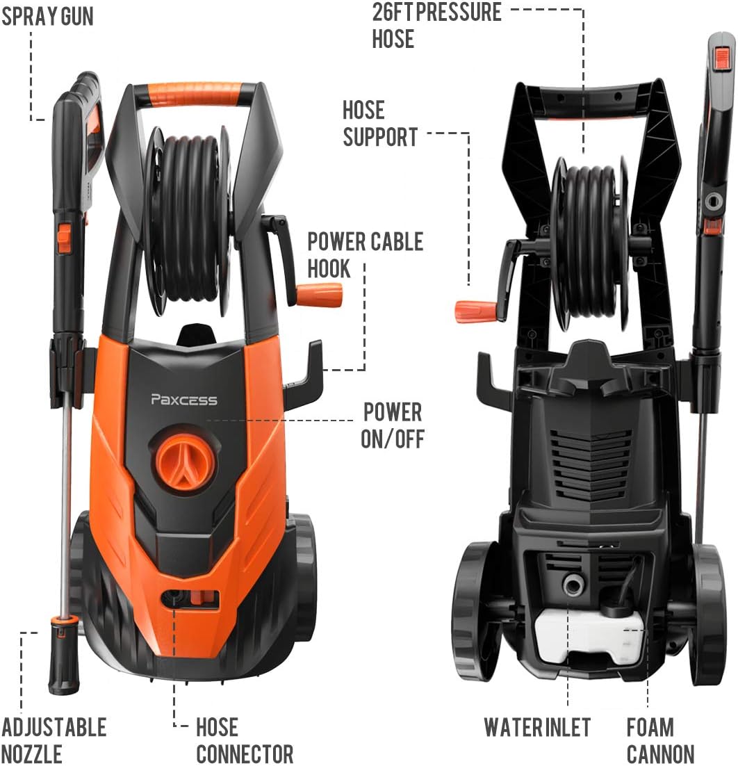 PAXCESS Power Washer, 2300 PSI 1.85 GPM Electric Power Pressure Washer with Spray Gun, Adjustable Nozzle, 26ft High Pressure Hose, Hose Reel (Power Wash Machine, Portable Pressure Cleaner, Car Washer) : Garden & Outdoor