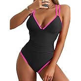 B2prity Women's V Neck One Piece Swimsuit Tummy Control Slimming Bathing Suit Double Straps Crisscross Back Swimwear