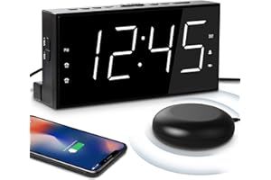 MESQOOL Extra Loud Dual Alarm Clock with Vibration for Bedroom,Extreme Bed Shaker Alarm Clock for Deep Sleeper Hard of Hearing Deaf,7" Clear LED Display,USB Port,Battery Backup,Easy to Set for Senior,Kids,DST