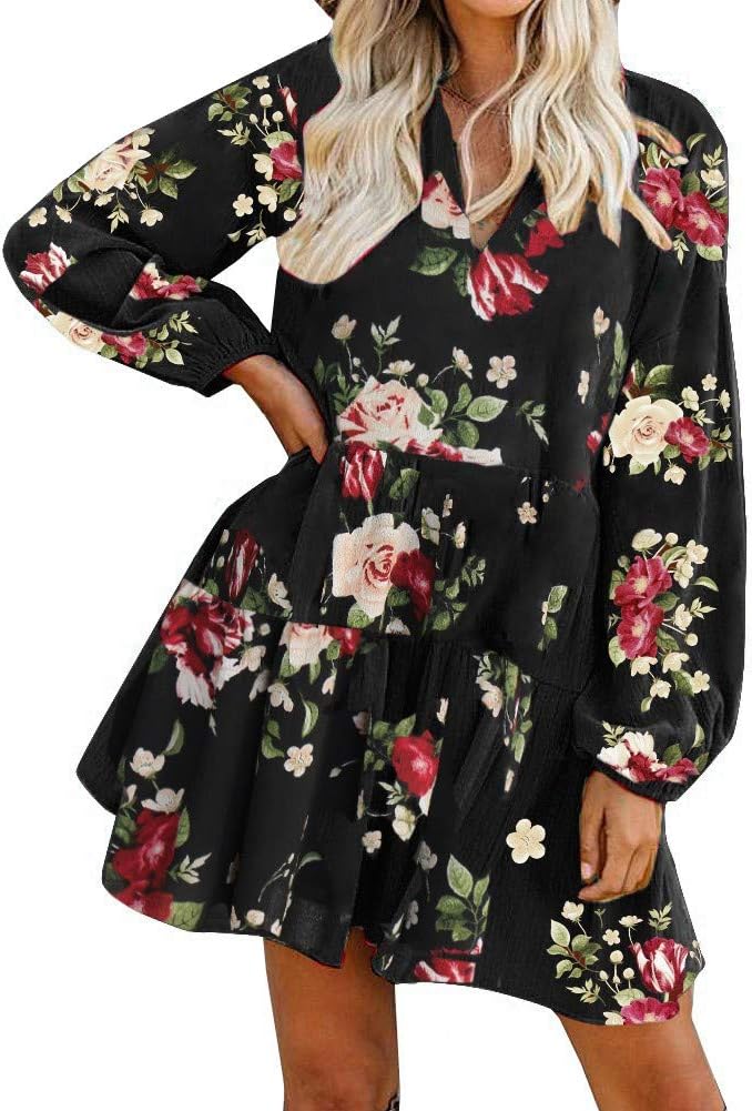 FANCYINN Women’s Cute Shift Dress with Pockets Fully Lined Bell Sleeve Ruffle Hem V Neck Loose Swing Tunic Mini Dress