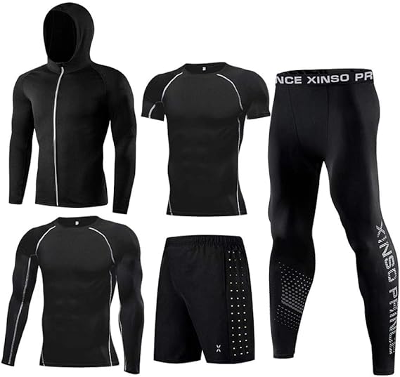 Amazon Hualai メンズ コンプレッションウェア セット トレーニングウェア フィットネススーツ メンズジムスポーツランニング速乾性服バスケットボールタイツ冬トレーニング服ナイトランニング5点セットスーツ スポーツウェア 通販