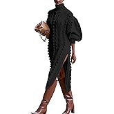 Angsuttc Women's Sweater Dresses Textured Knit Puff Sleeve High Neck High Split Hem Maxi Dress