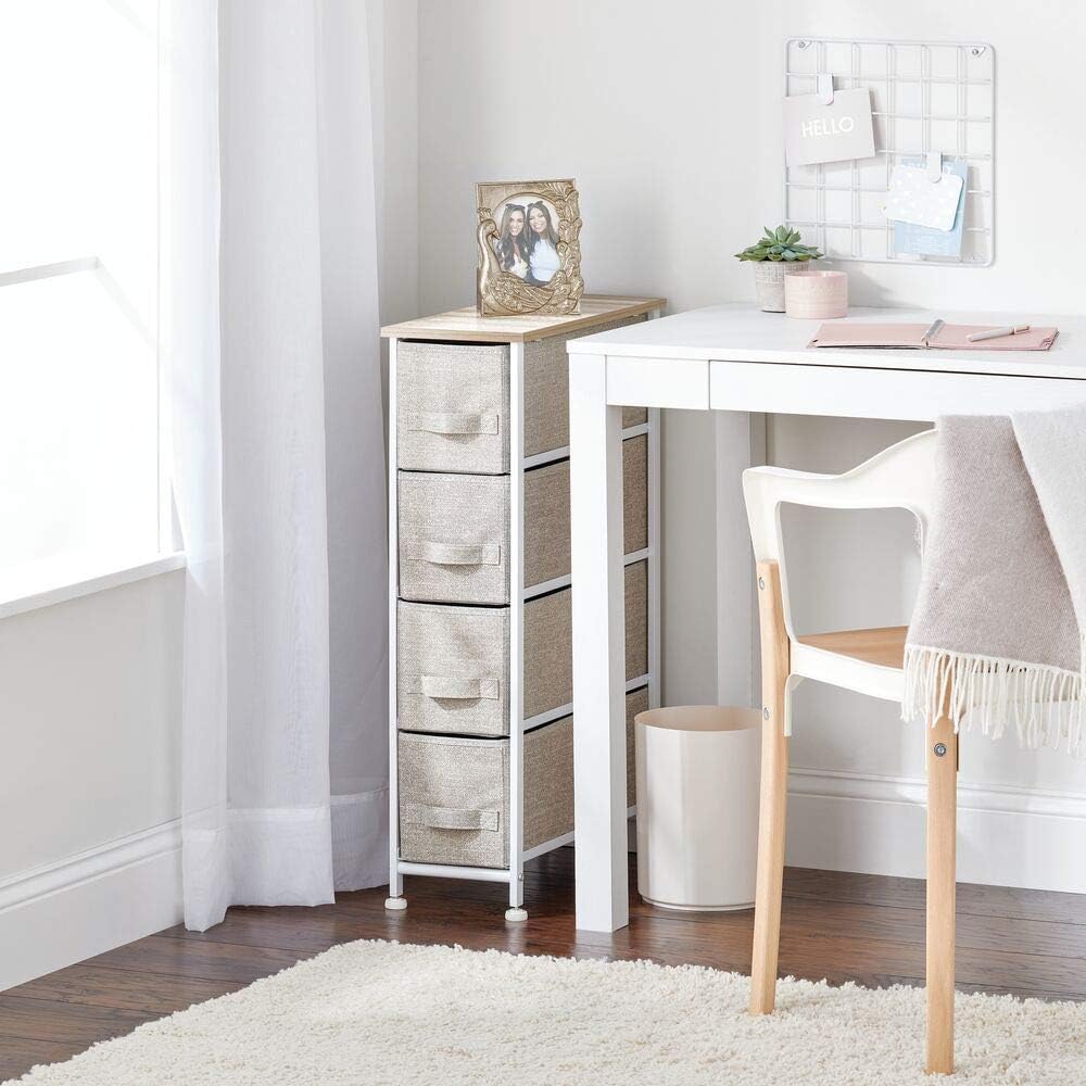 mDesign Narrow Vertical Dresser Storage Tower - Sturdy Frame, Wood Top, Easy Pull Fabric Bins - Organizer Unit for Bedroom, Hallway, Entryway, Closets - Textured Print, 4 Drawers - Light Tan/White -