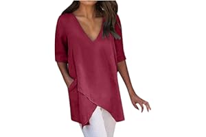 SMIDOW Casual Cotton and Linen 3/4 Sleeve Summer Tops for Women Loose Irregular Hem Tunic T Shirt Solid Plain Plus Size Blouse