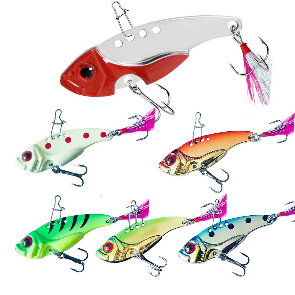 Senvenelec 6pcs (12g) 3D Eye Fishing Bait, Hard Fishing Lure ViB, Metal Bait ViB, with Tail Hair, with Pins, Double Hook Design.