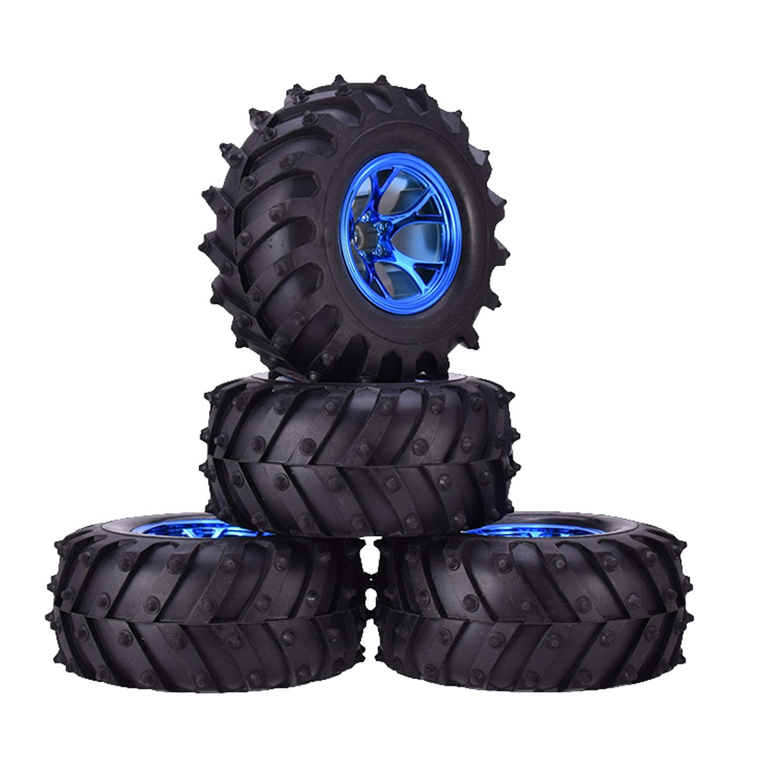 KINGCOO 4pcs 125mm Tyre RC Monster Truck Rubber Tyres and Plastic Wheel Rims Set Compatible with 1/10 RC Crawler Car for Truggy Truck for HSP HPI Tamiya Kyosho (Y-Shaped Blue)