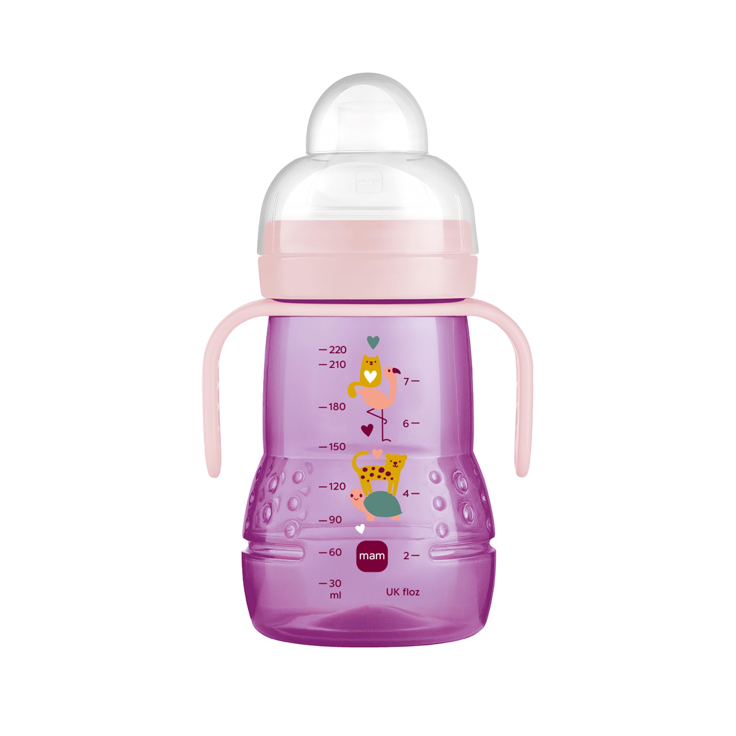 MAM Trainer+ (220 ml), Drinking Bottle for Transition to a Cup, Drinking Cup with drip-Free Teat, Drinking spout and Handle, 4+ Months, Tortoise, Purple