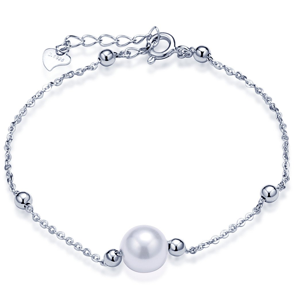 Infinite U Simple Womens Link Charm Bracelet 925 Sterling Silver 8mm Pearl Beads Adjustable Chain with Extension, Silver
