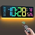 Digital Wall Clock 16", Wall Clocks with 11 RGB Colors, Alarm Clock with Night Lights, Large Digital Clock for Living Room Bedroom Office Classroom Decor, Auto DST, Temperature, Remote Control