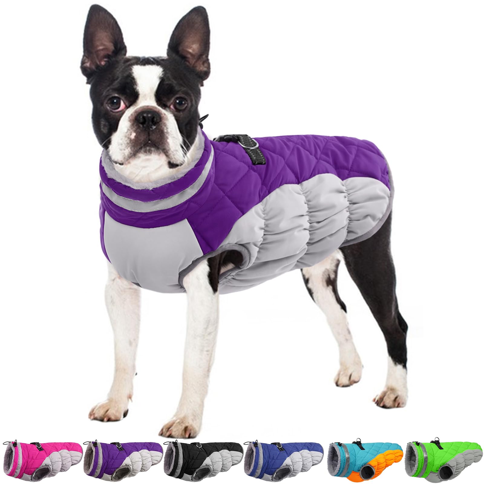 OUOBOB Winter Dog Coat,Large Dog Jacket,Waterproof Pet Jacket with Back Zipper,Pet Coat with Harness Built in,Warm Dogs Coat with Fleece Lined, Snow Jacket Clothes French Bulldog Shiba Inu,Purple,L Image