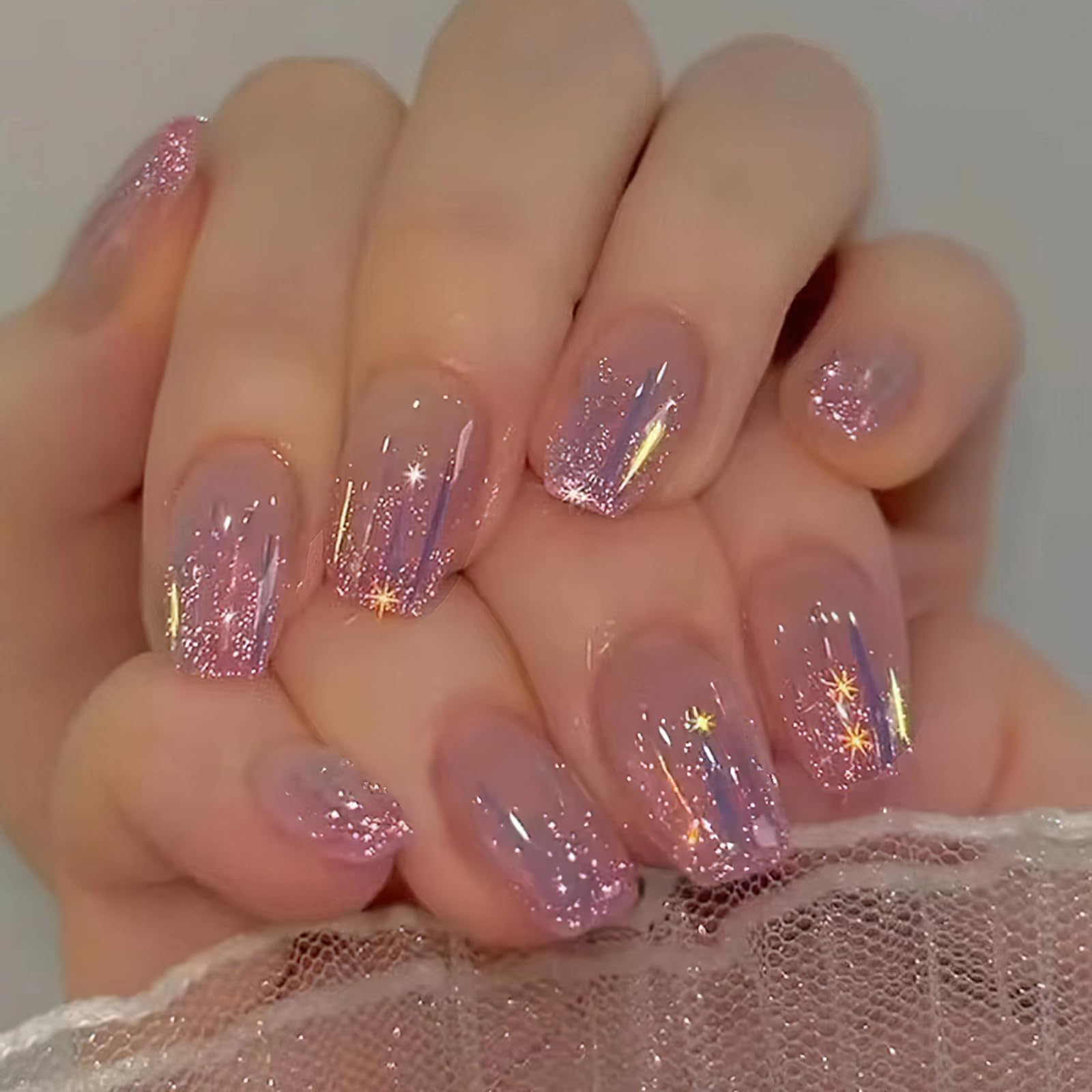 Photo 1 of Mkwntg Glitter Press on Nails Medium Square Fake Nails Glossy Purple Line Glue on Nails with Star Design Aurora Meteor Ballerina False Nails Reusable Acrylic Nail for Women DIY Manicure Decor 24Pcs