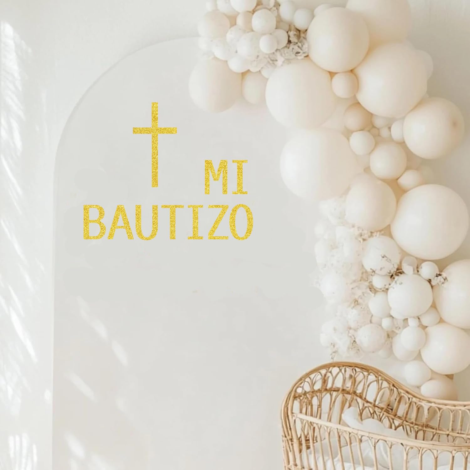 Photo 1 of MI BAUTIZO Sign Decals for Balloon Arch, Baptism First Communion Party Decorations Wall Sticker for Christian Boy Girl Baby Shower Party Supplies